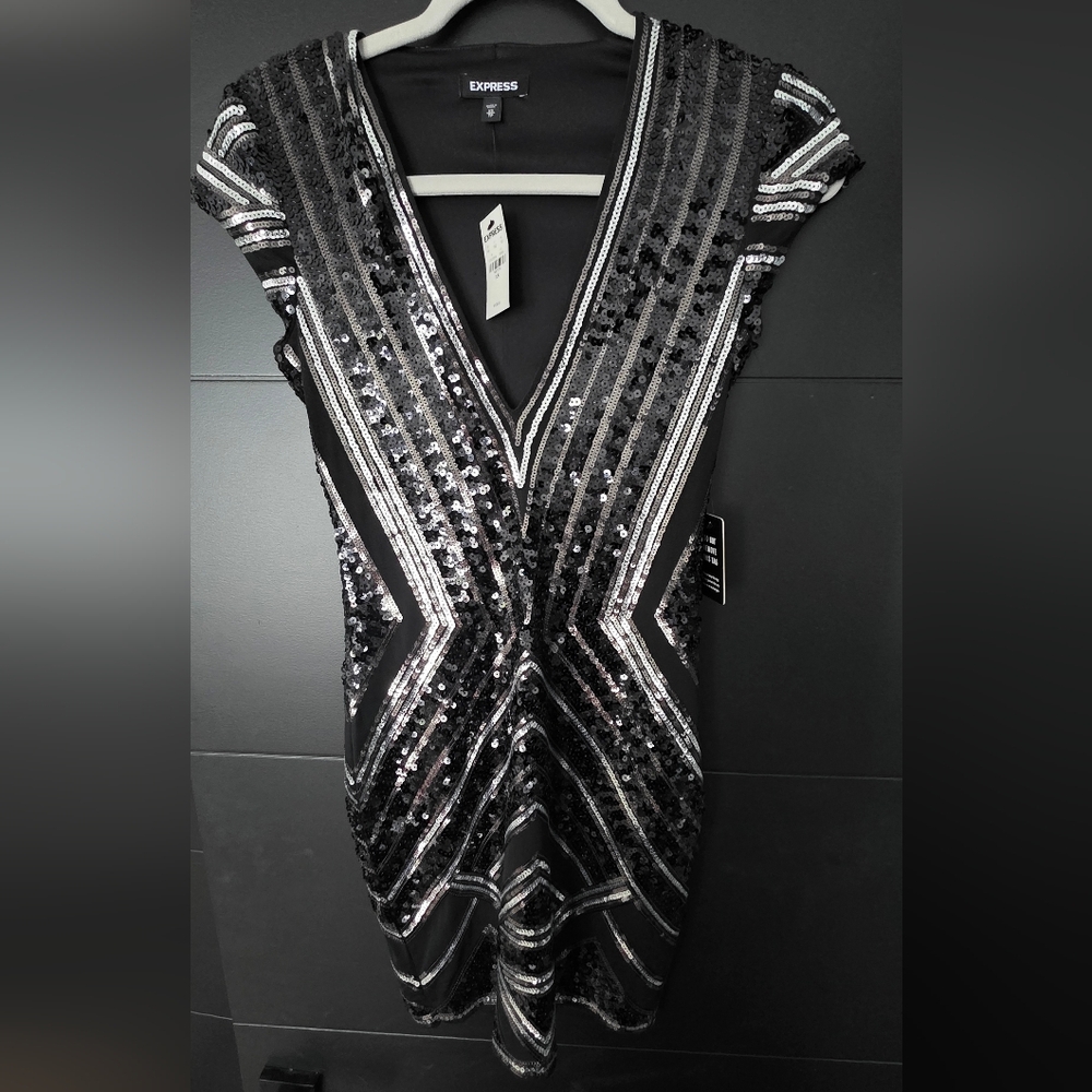 Express Black and Silver Sequin V-Neck Dress